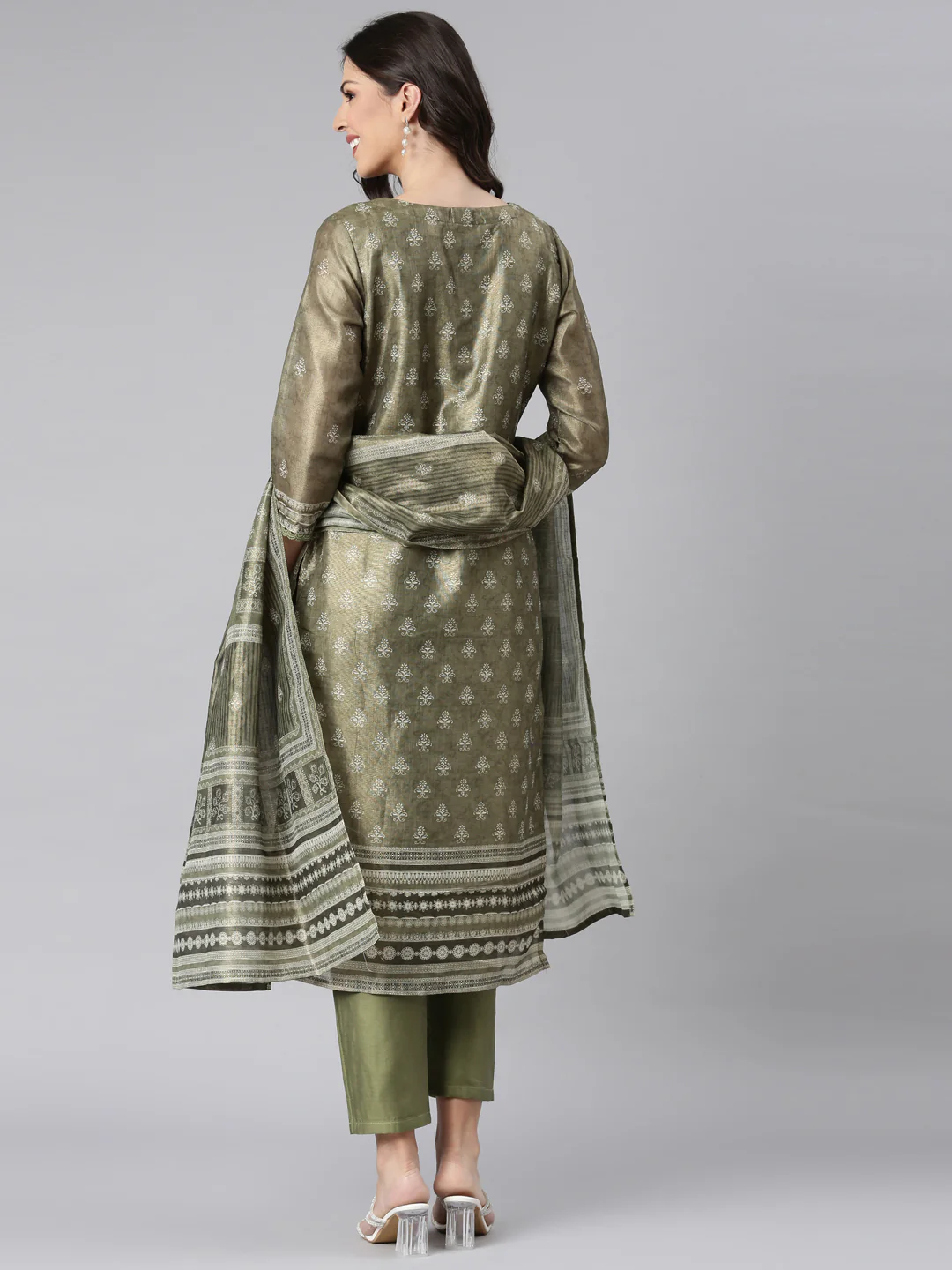 Neerus Olive Printed Straight Kurta and Trousers With Dupatta - Image 3