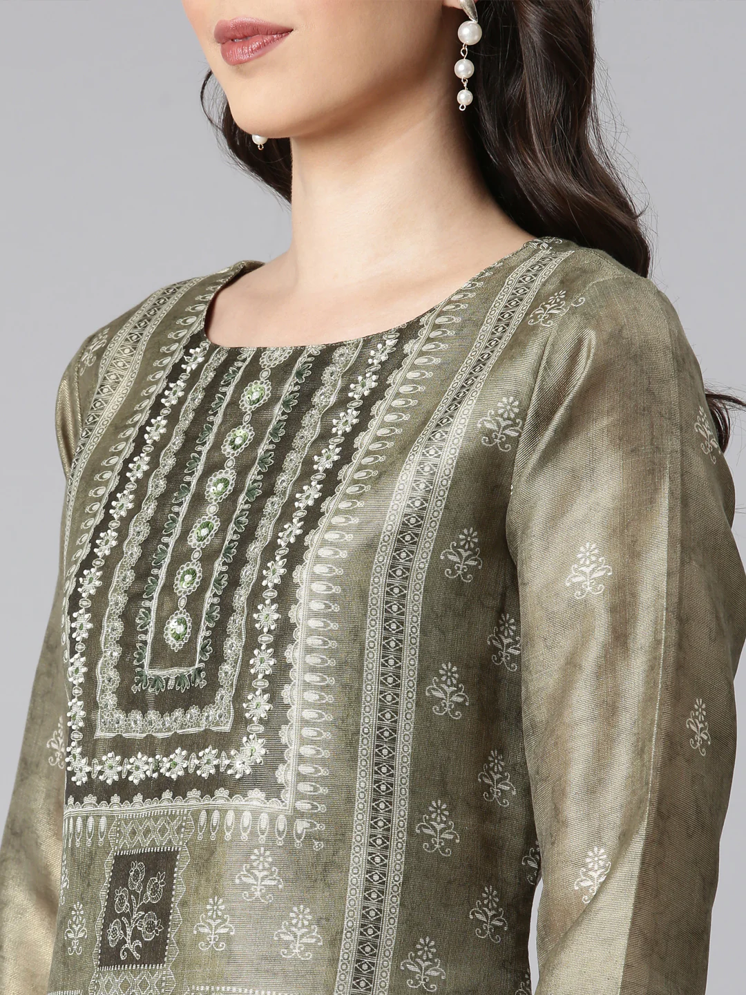 Neerus Olive Printed Straight Kurta and Trousers With Dupatta - Image 4