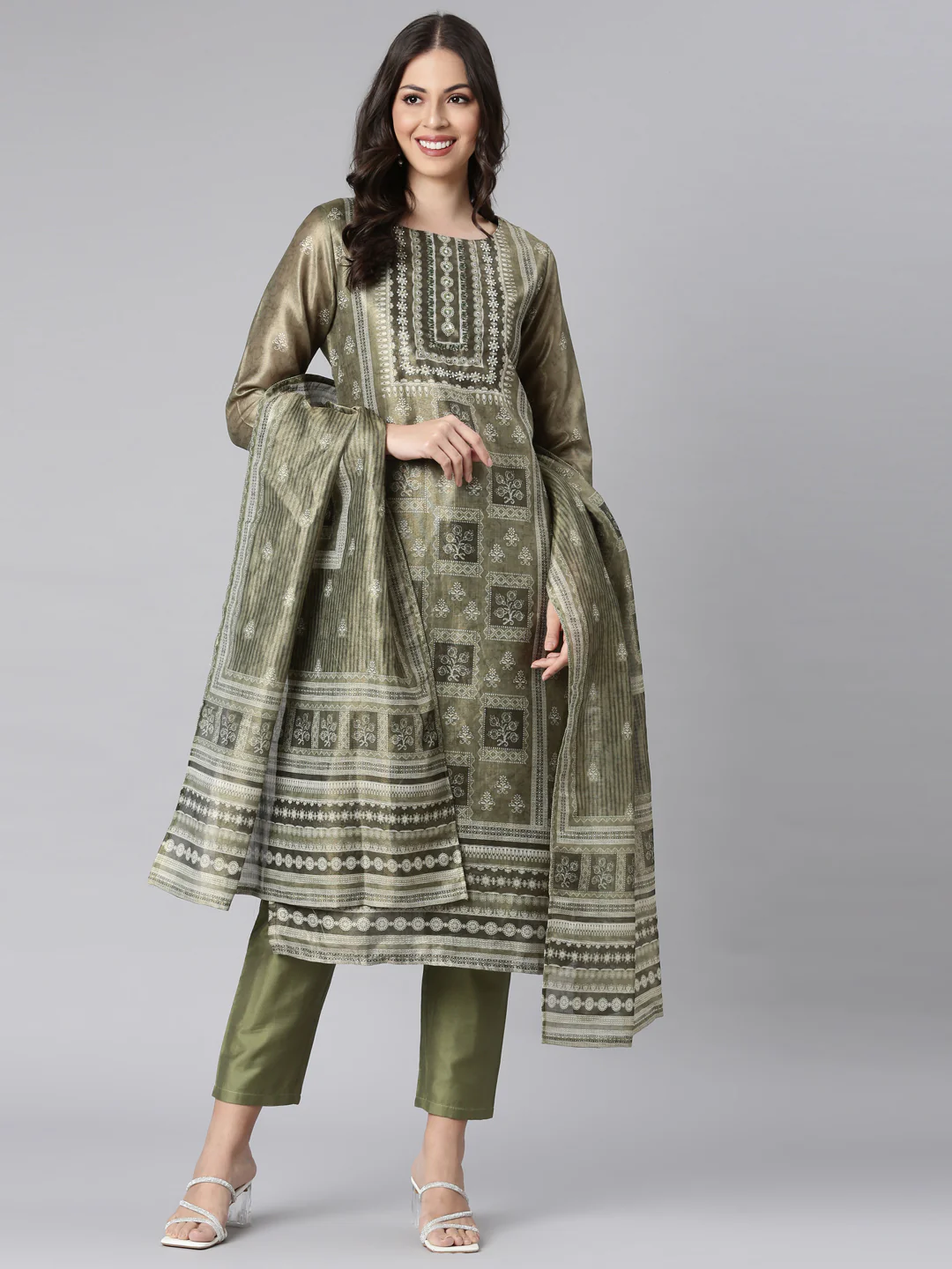 Neerus Olive Printed Straight Kurta and Trousers With Dupatta - Image 5
