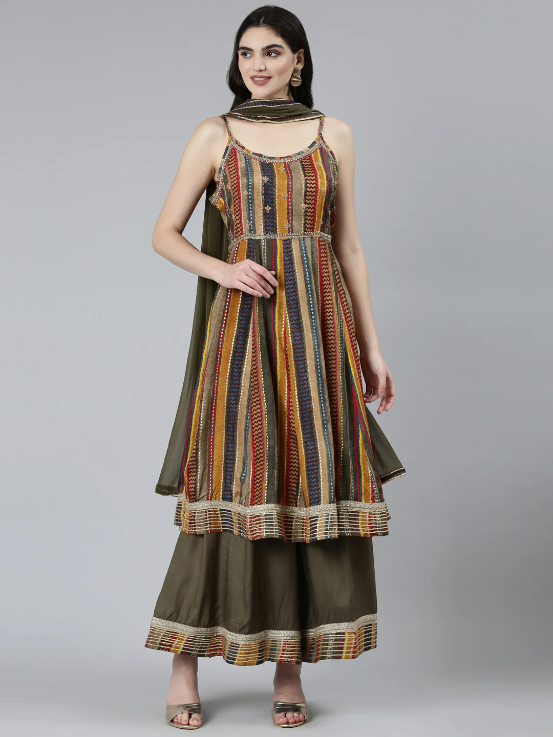 Neerus Olive Regular Straight Chevron Kurta Sets And Palazzos With Dupatta
