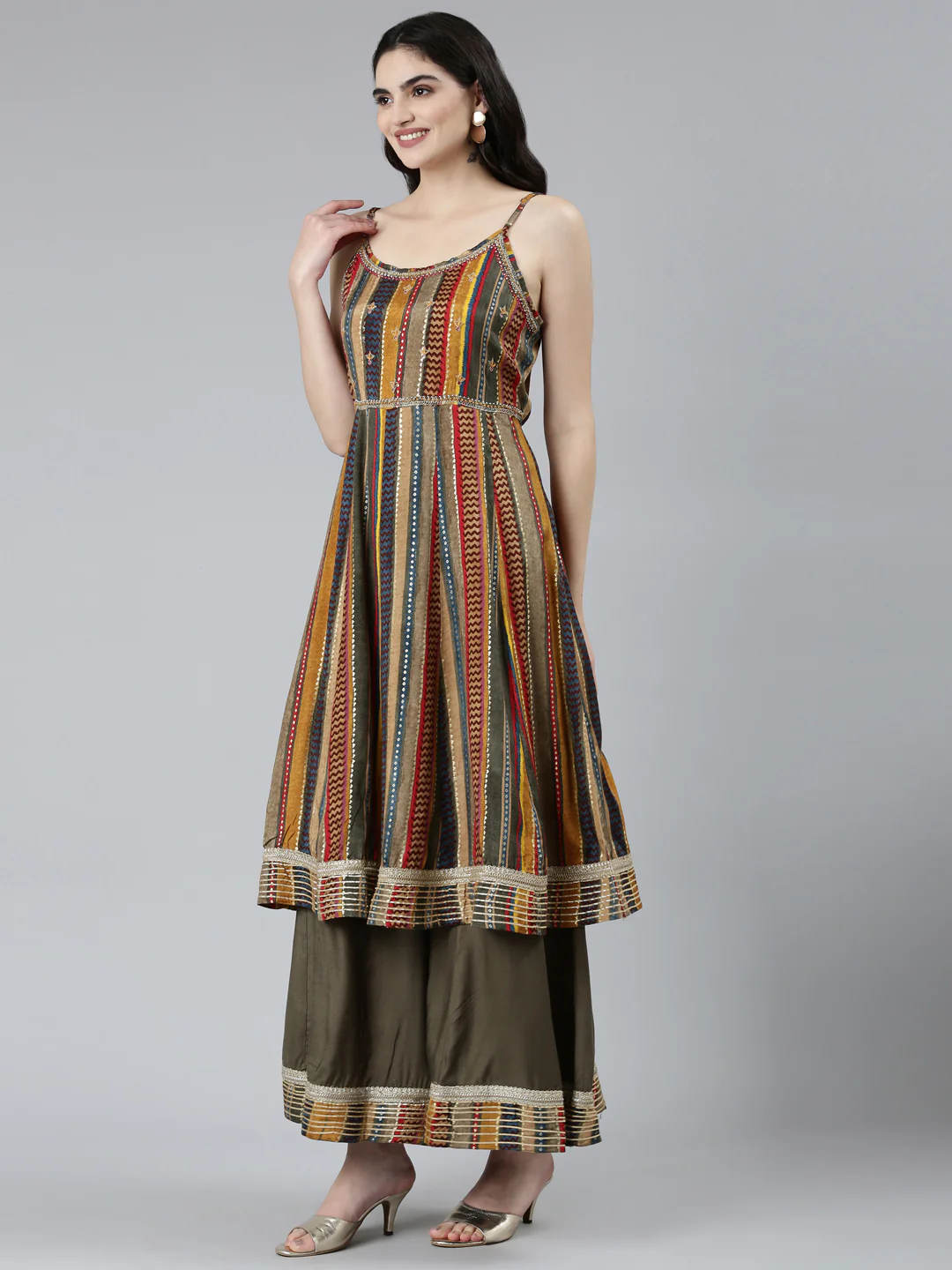 Neerus Olive Regular Straight Chevron Kurta Sets And Palazzos With Dupatta - Image 2