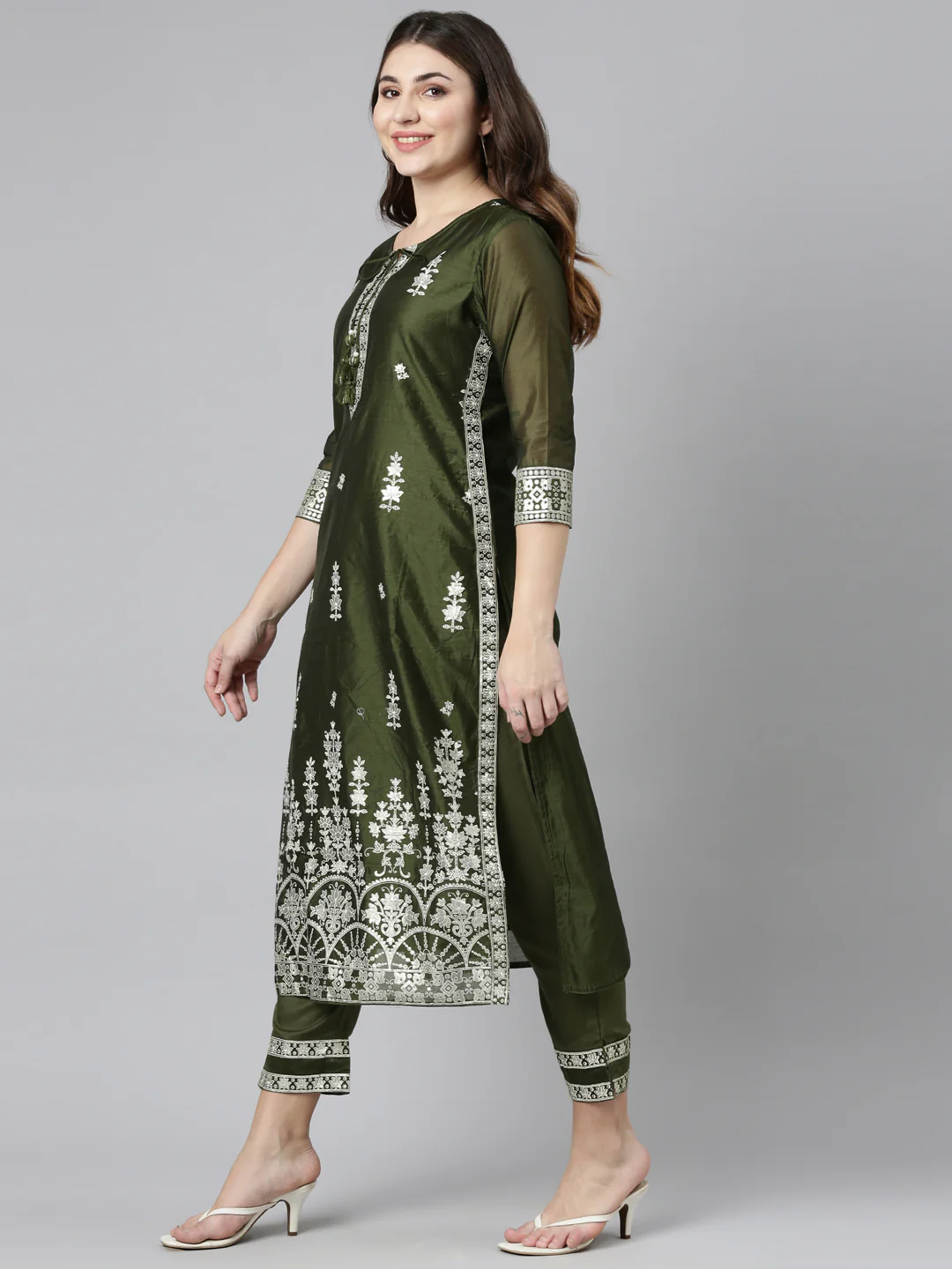 Neerus Olive Regular Straight Embroidered Kurta And Trousers With Dupatta - Image 2