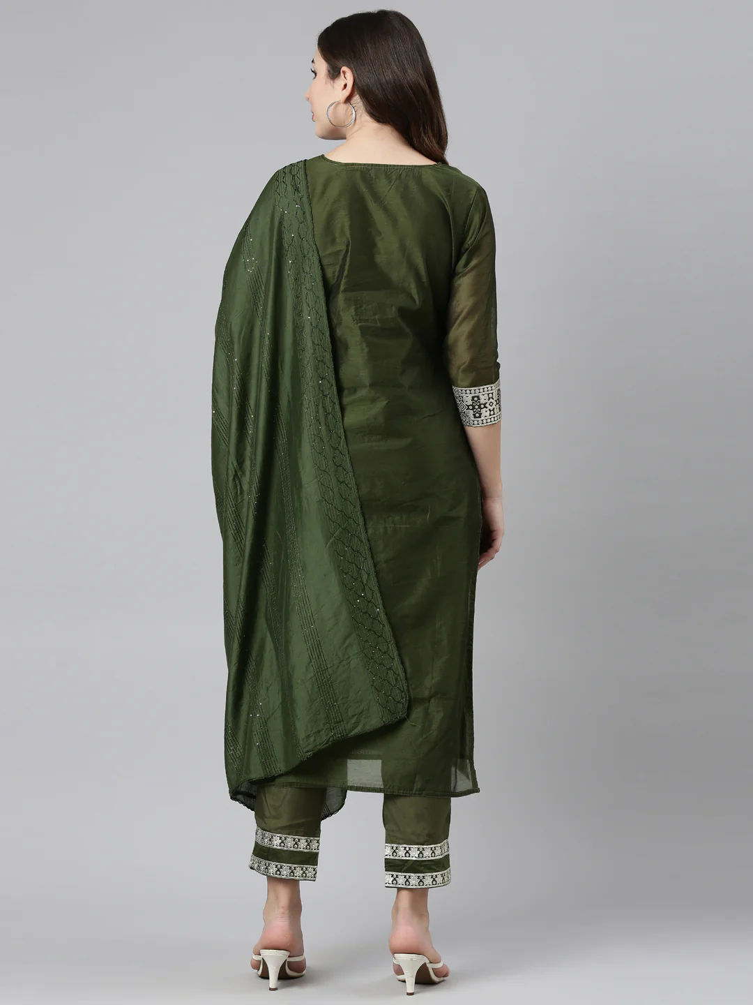 Neerus Olive Regular Straight Embroidered Kurta And Trousers With Dupatta - Image 3