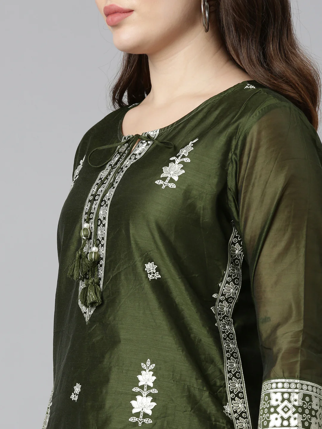 Neerus Olive Regular Straight Embroidered Kurta And Trousers With Dupatta - Image 4