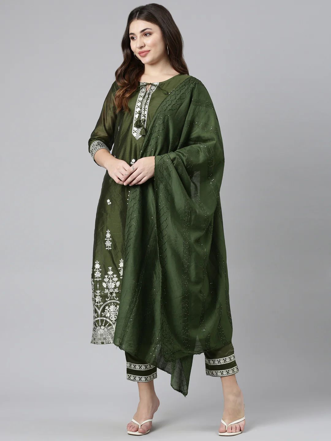 Neerus Olive Regular Straight Embroidered Kurta And Trousers With Dupatta - Image 5