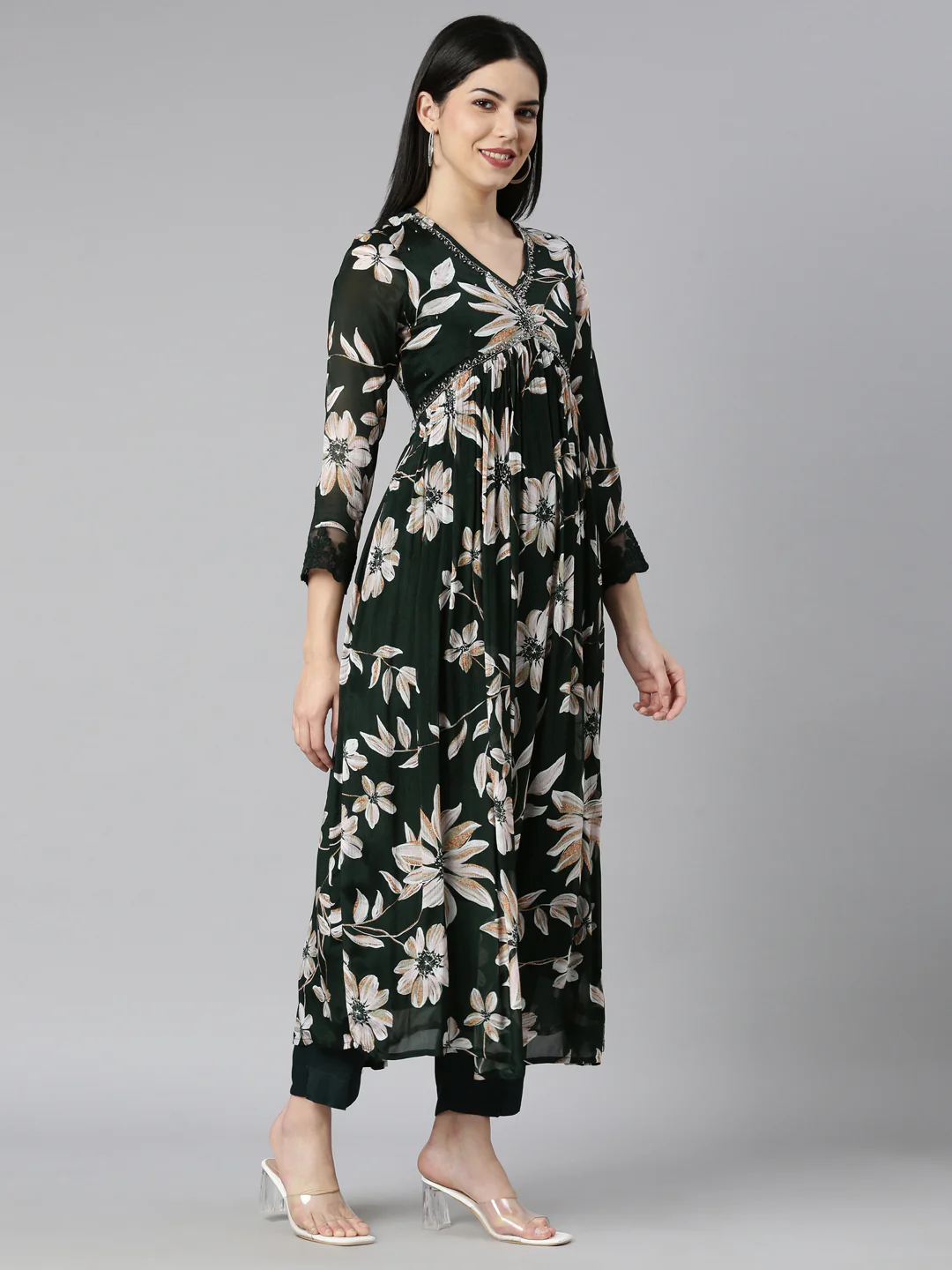 Neerus Olive Regular Straight Floral Kurta And Trousers With Dupatta - Image 2
