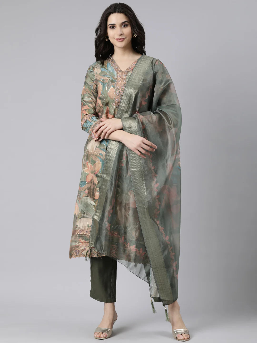 Neerus Olive Regular Straight Floral Kurta And Trousers With Dupatta