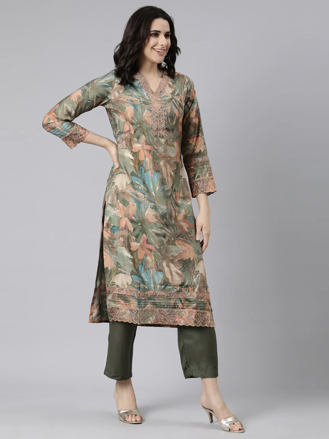 Neerus Olive Regular Straight Floral Kurta And Trousers With Dupatta - Image 2