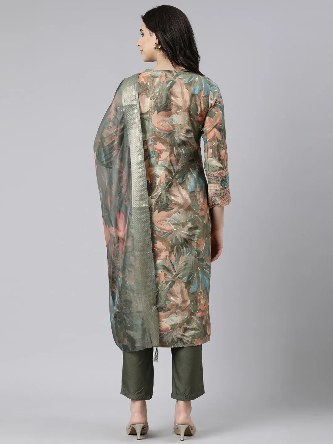 Neerus Olive Regular Straight Floral Kurta And Trousers With Dupatta - Image 3