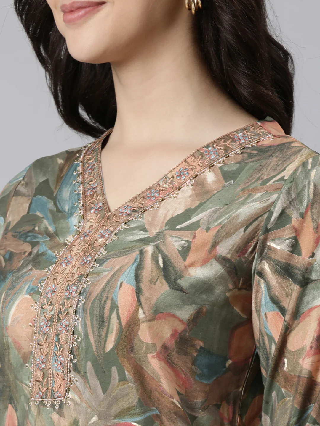 Neerus Olive Regular Straight Floral Kurta And Trousers With Dupatta - Image 4