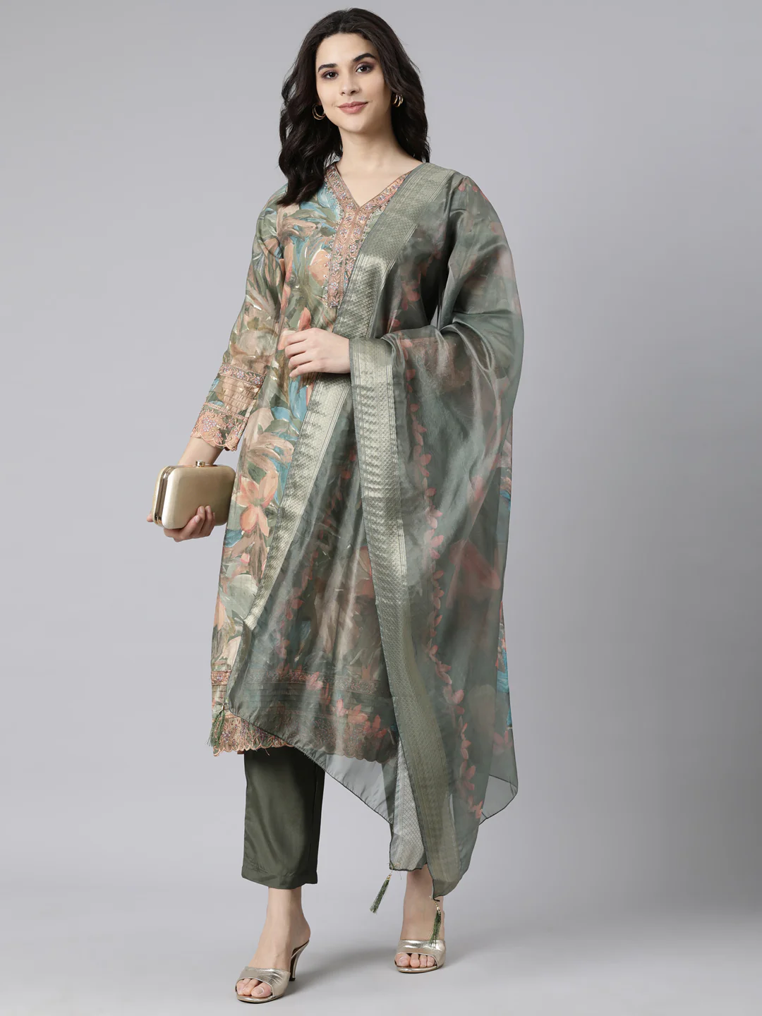 Neerus Olive Regular Straight Floral Kurta And Trousers With Dupatta - Image 5