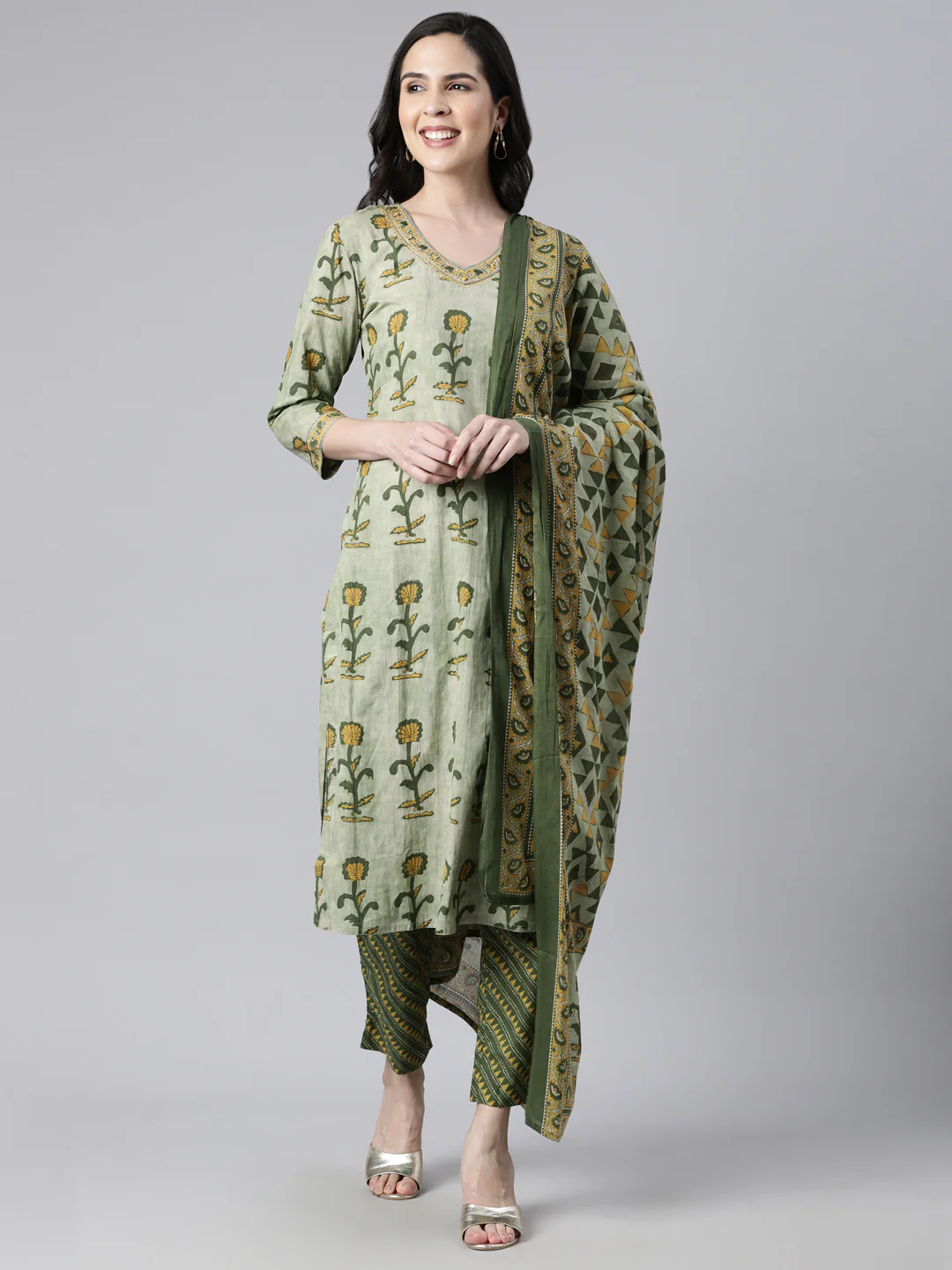 Neerus Olive Regular Straight Floral Kurta And Trousers With Dupatta