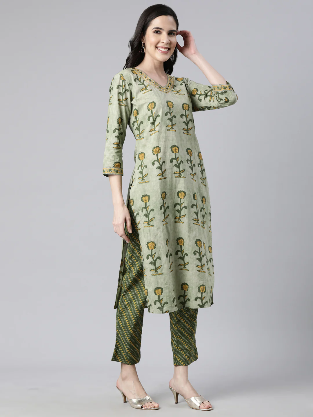 Neerus Olive Regular Straight Floral Kurta And Trousers With Dupatta - Image 2