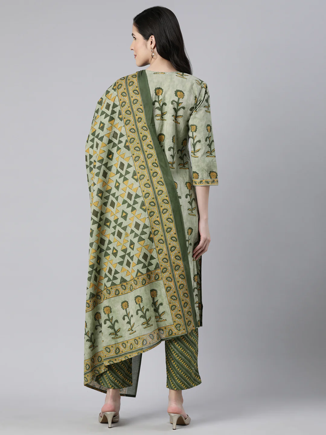 Neerus Olive Regular Straight Floral Kurta And Trousers With Dupatta - Image 3