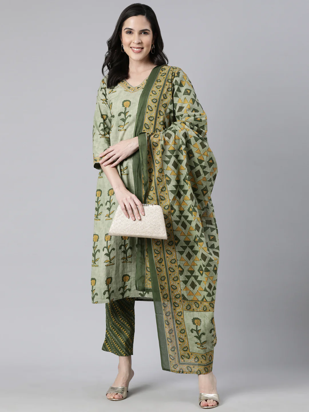 Neerus Olive Regular Straight Floral Kurta And Trousers With Dupatta - Image 5