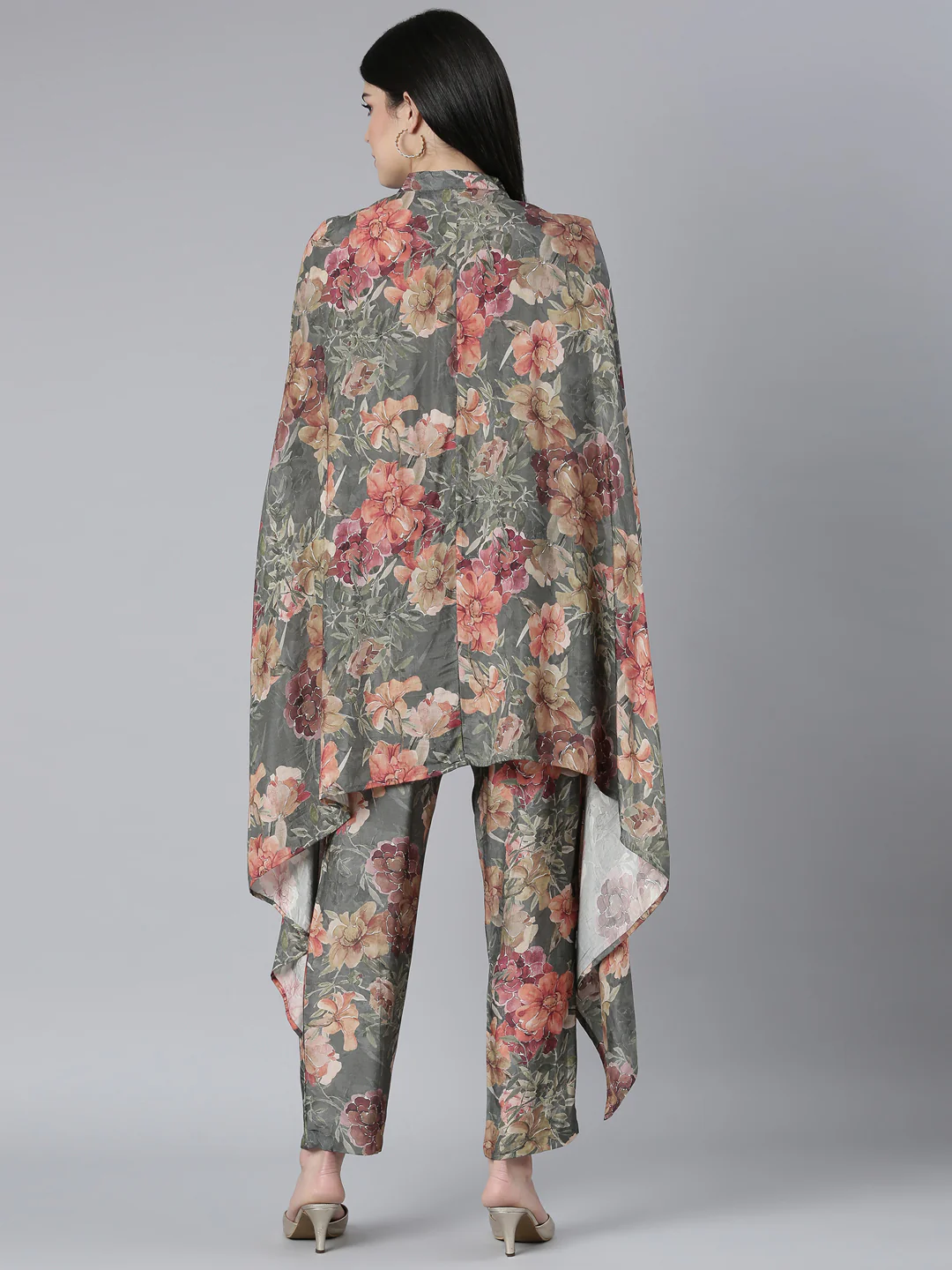 Neerus Olive Regular Straight Floral Kurti And Trousers - Image 3
