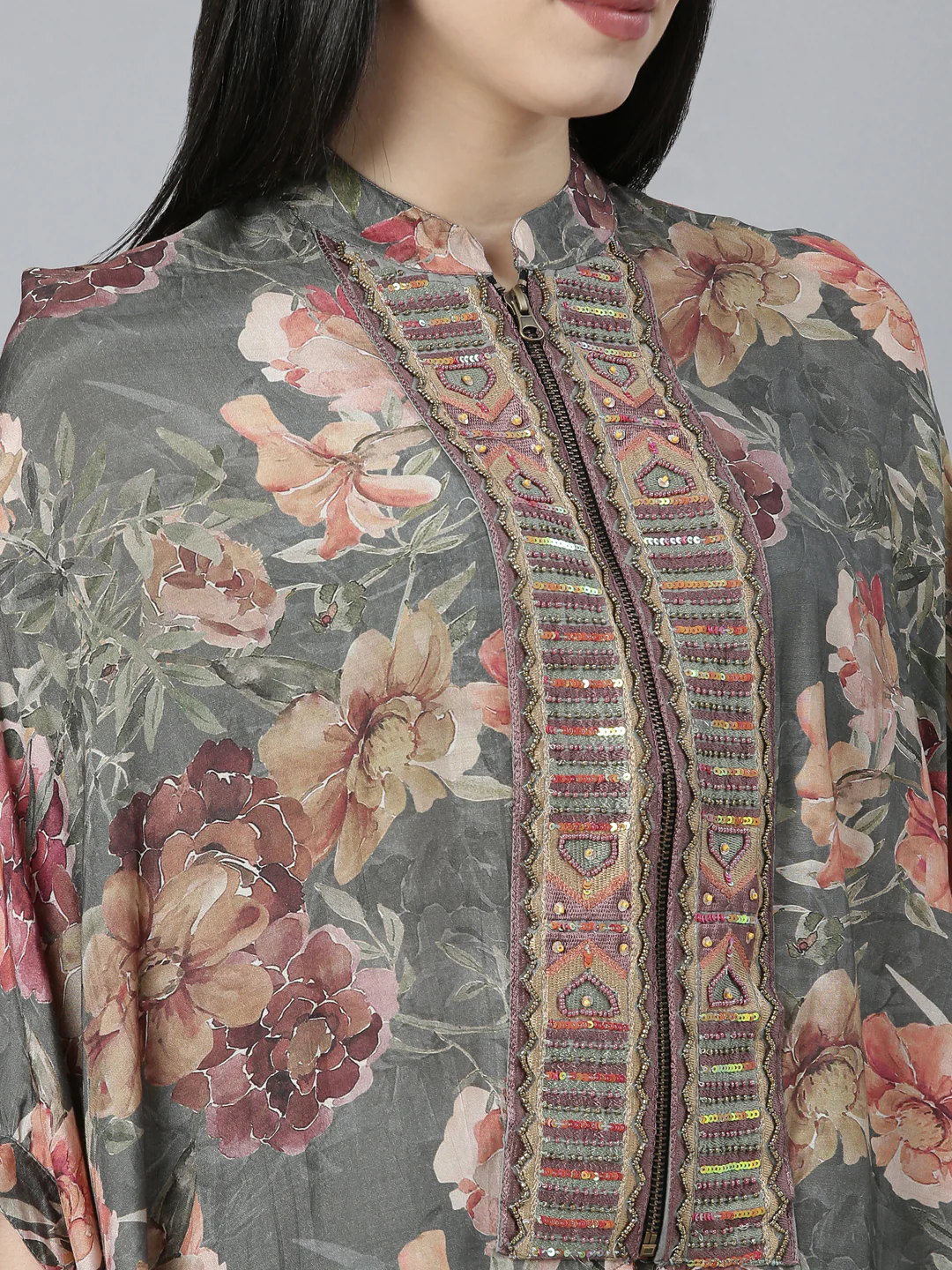 Neerus Olive Regular Straight Floral Kurti And Trousers - Image 4