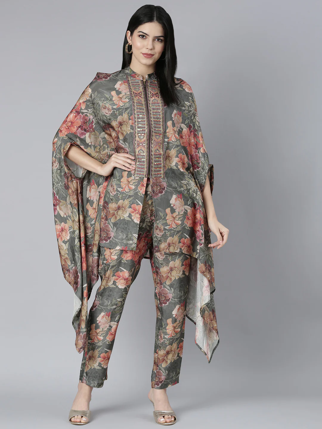 Neerus Olive Regular Straight Floral Kurti And Trousers - Image 5