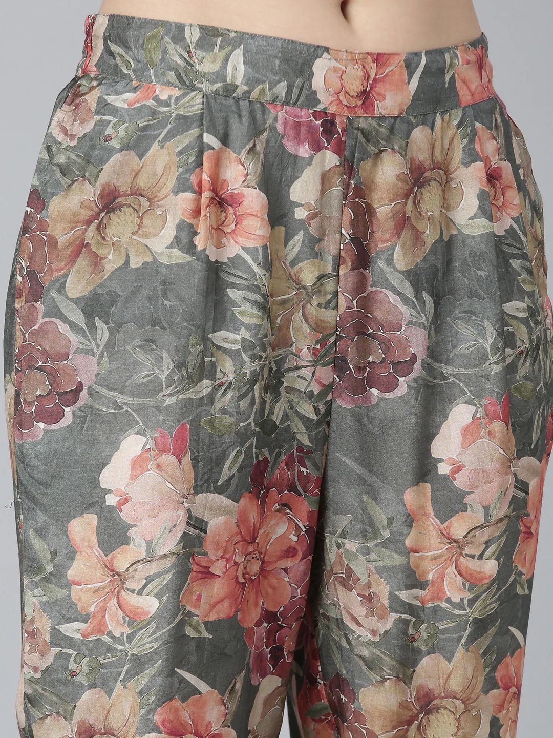 Neerus Olive Regular Straight Floral Kurti And Trousers - Image 6