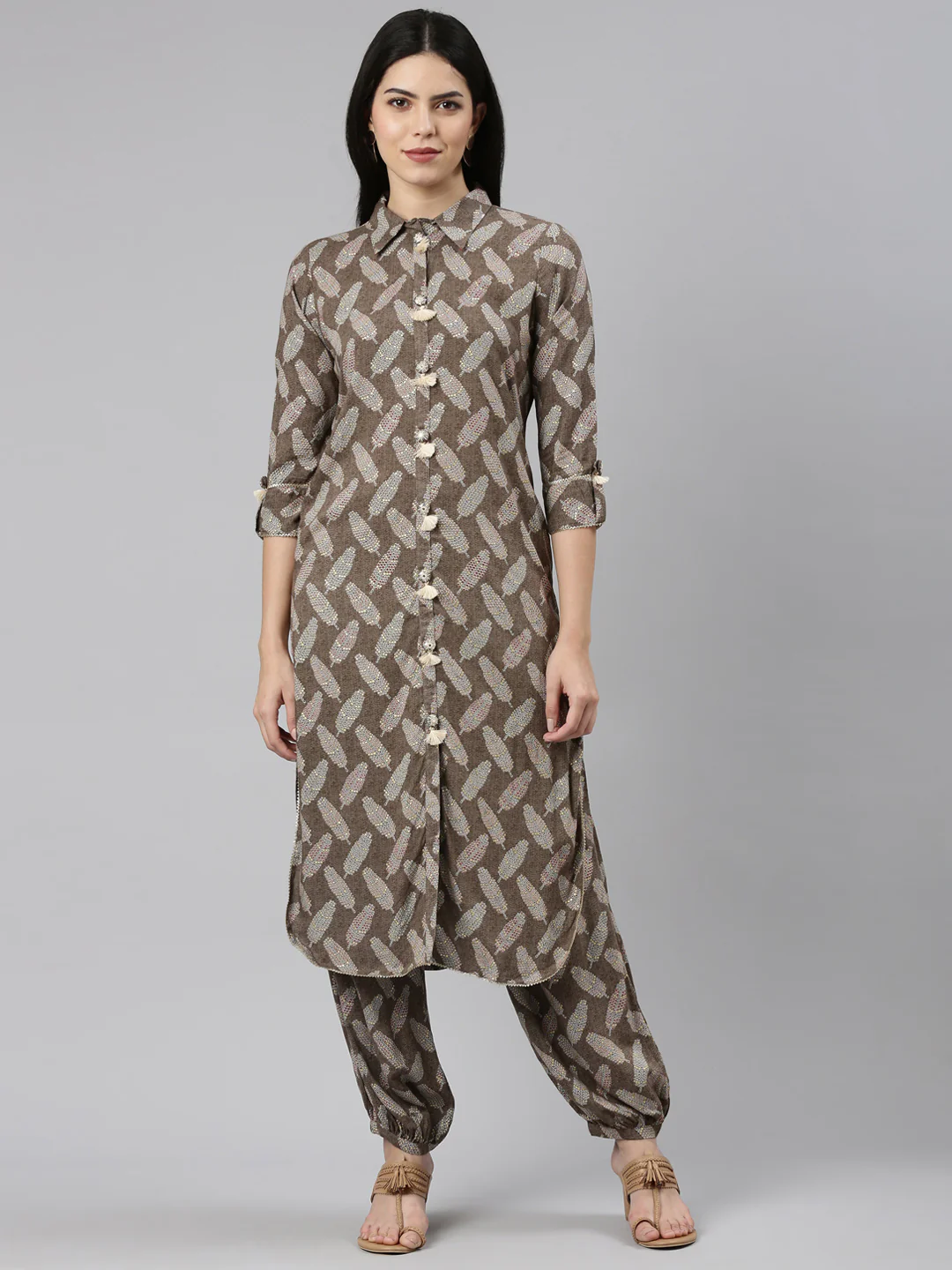 Neerus Olive Regular Straight Printed Kurta And Salwar