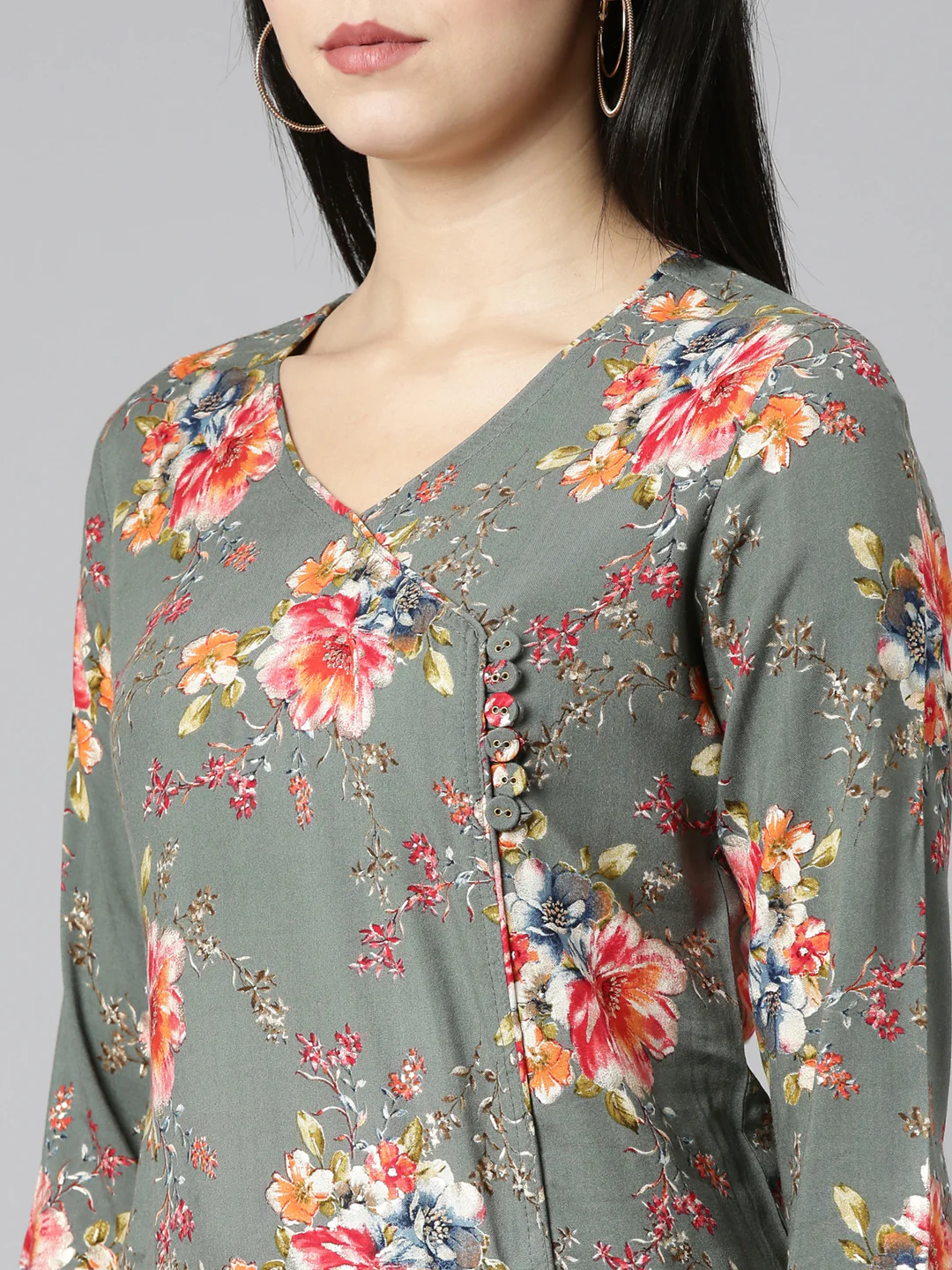 Neerus Olive Regular Straight Printed Kurta And Trousers With Dupatta - Image 4