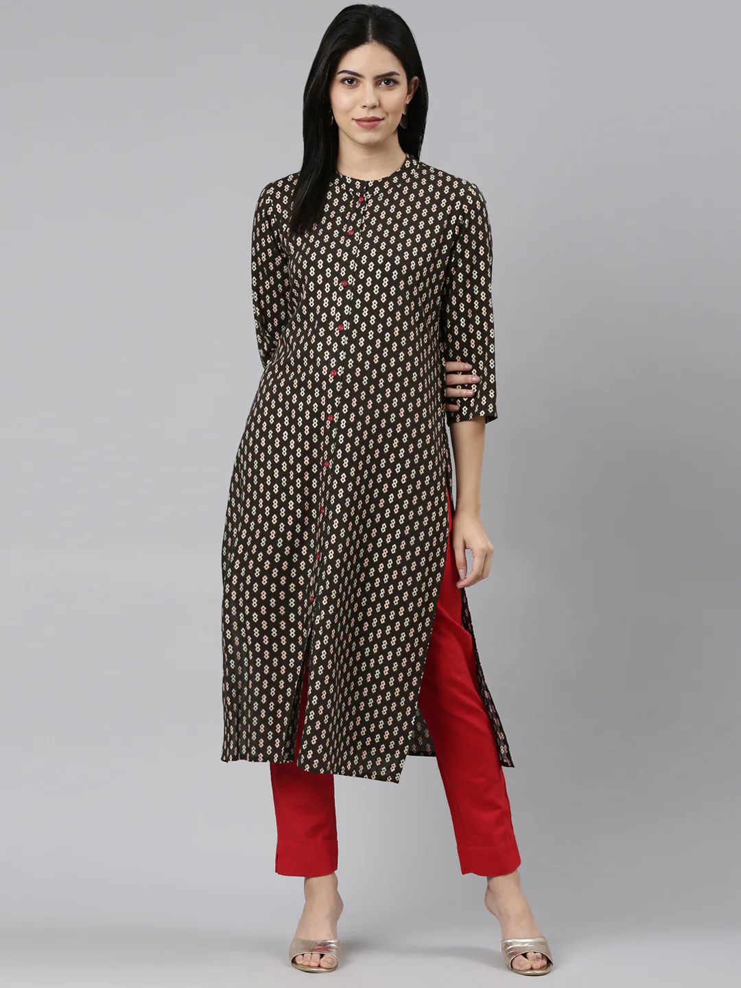 Neerus Olive Regular Straight Printed Kurta - Image 5