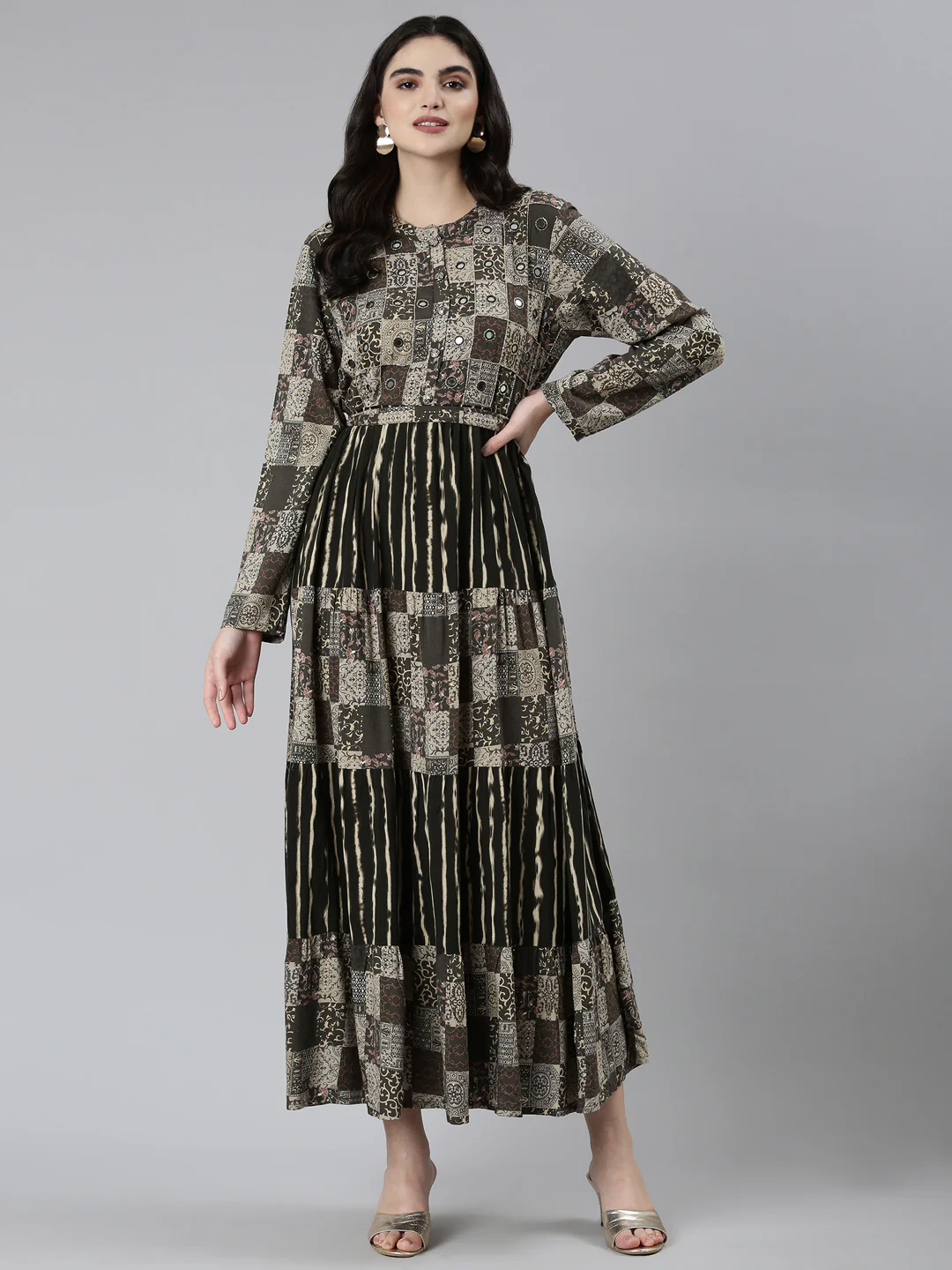 Neerus Olive Straight Casual Chevron Dresses - Image 5