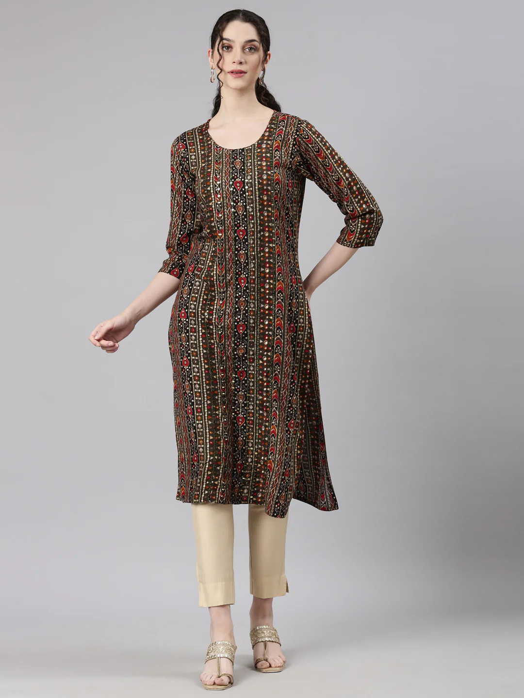 Neerus Olive Straight Casual Embellished Kurta - Image 6