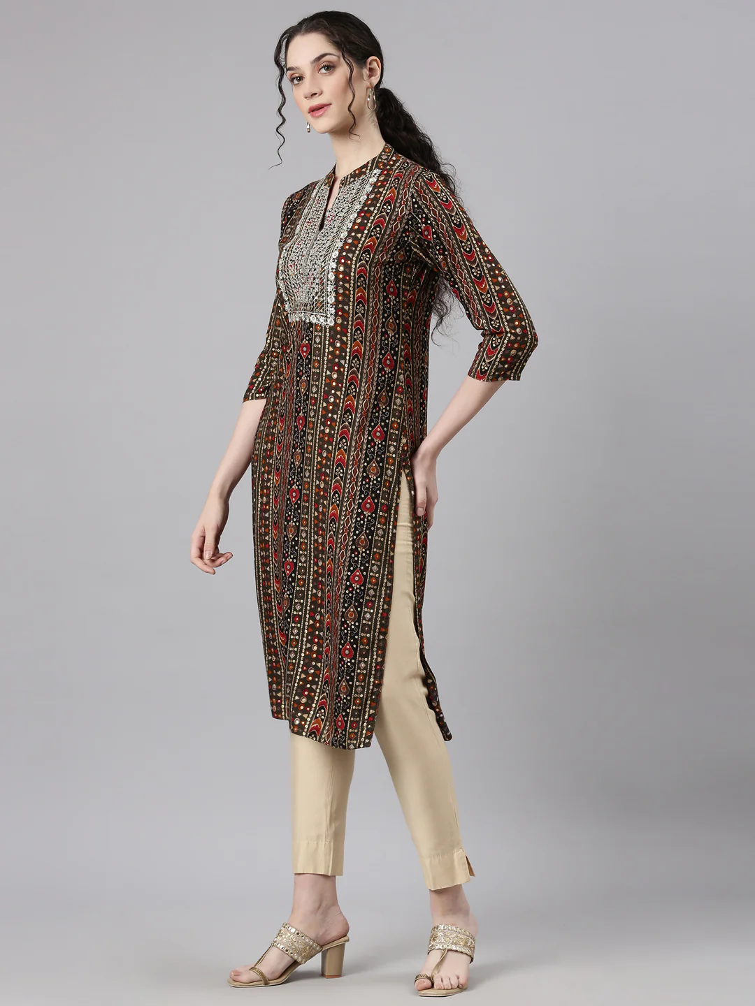 Neerus Olive Straight Casual Ethnic Motifs Kurta - Image 2