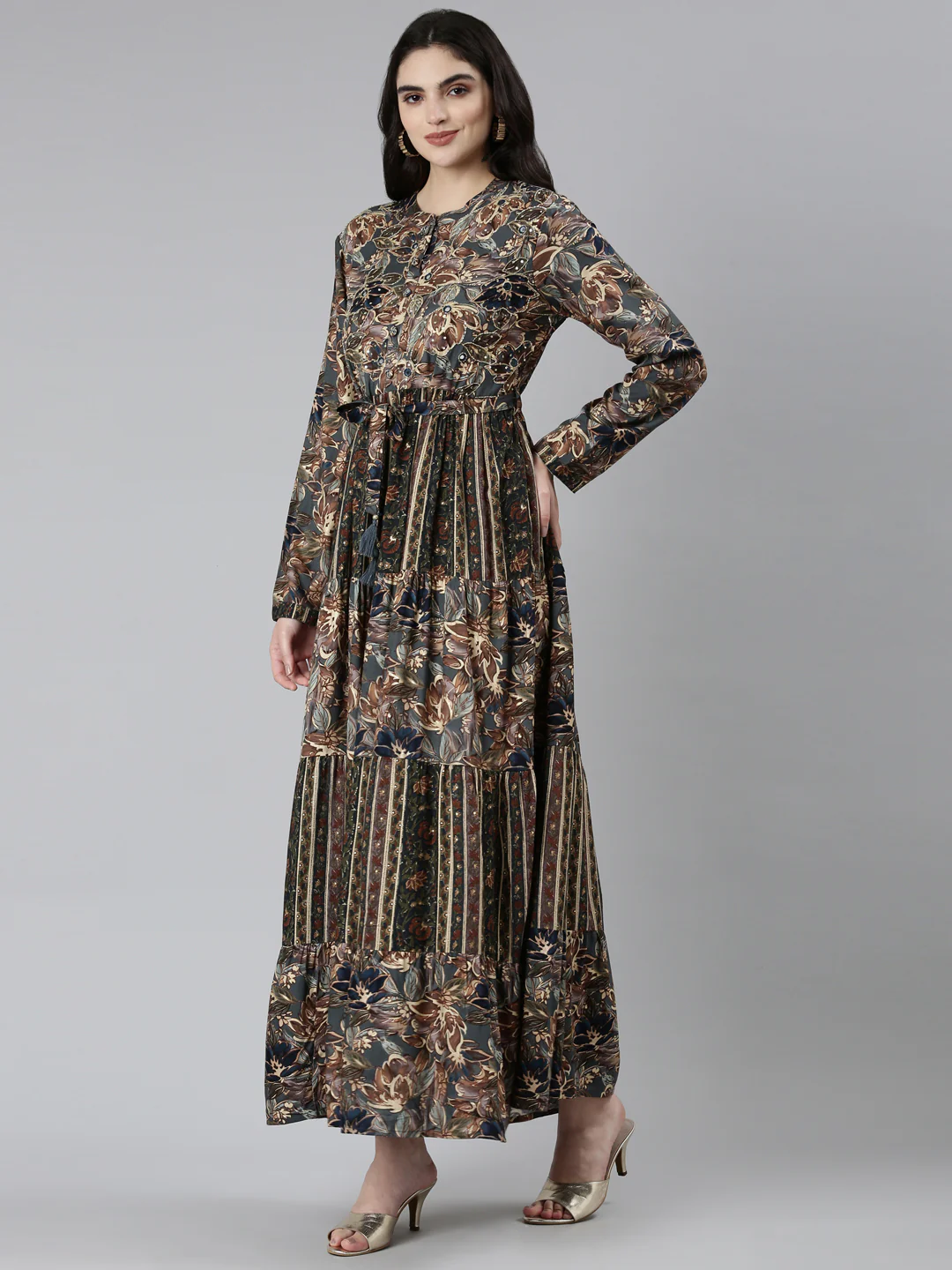 Neerus Olive Straight Casual Floral Dresses - Image 2