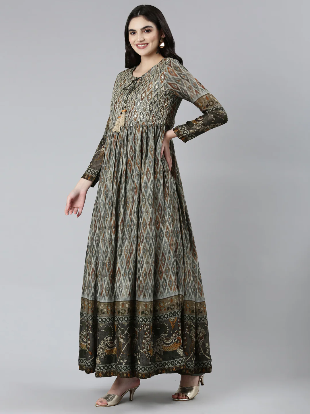 Neerus Olive Straight Casual Floral Dresses - Image 2