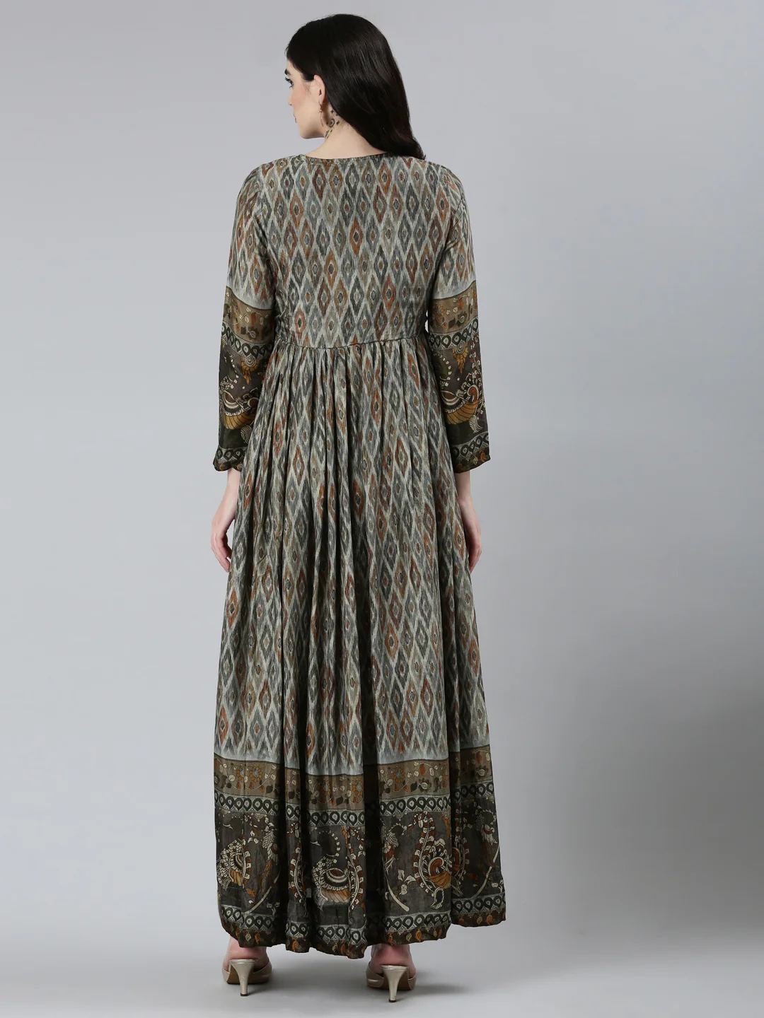Neerus Olive Straight Casual Floral Dresses - Image 3