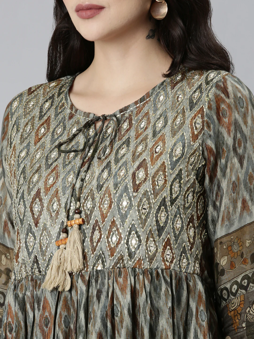 Neerus Olive Straight Casual Floral Dresses - Image 4