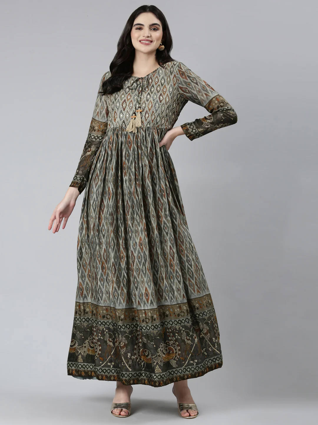 Neerus Olive Straight Casual Floral Dresses - Image 5
