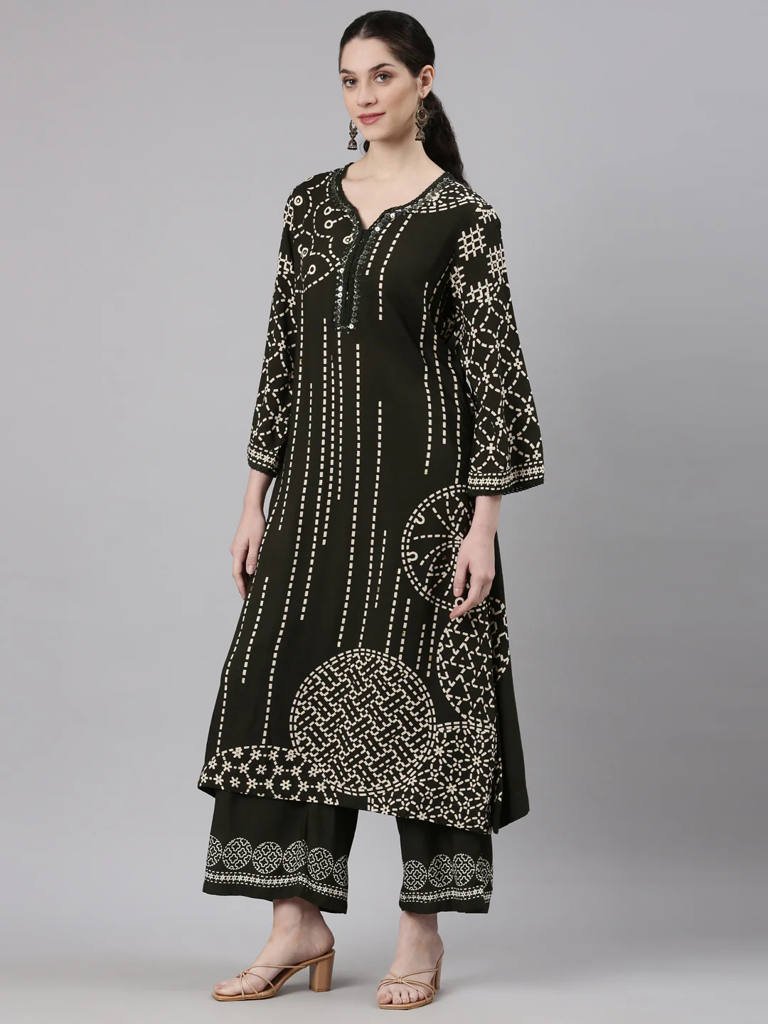 Neerus Olive Straight Casual Kurta and Plazzo - Image 2