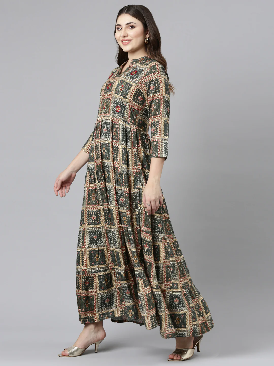 Neerus Olive Straight Casual Printed Gown - Image 2
