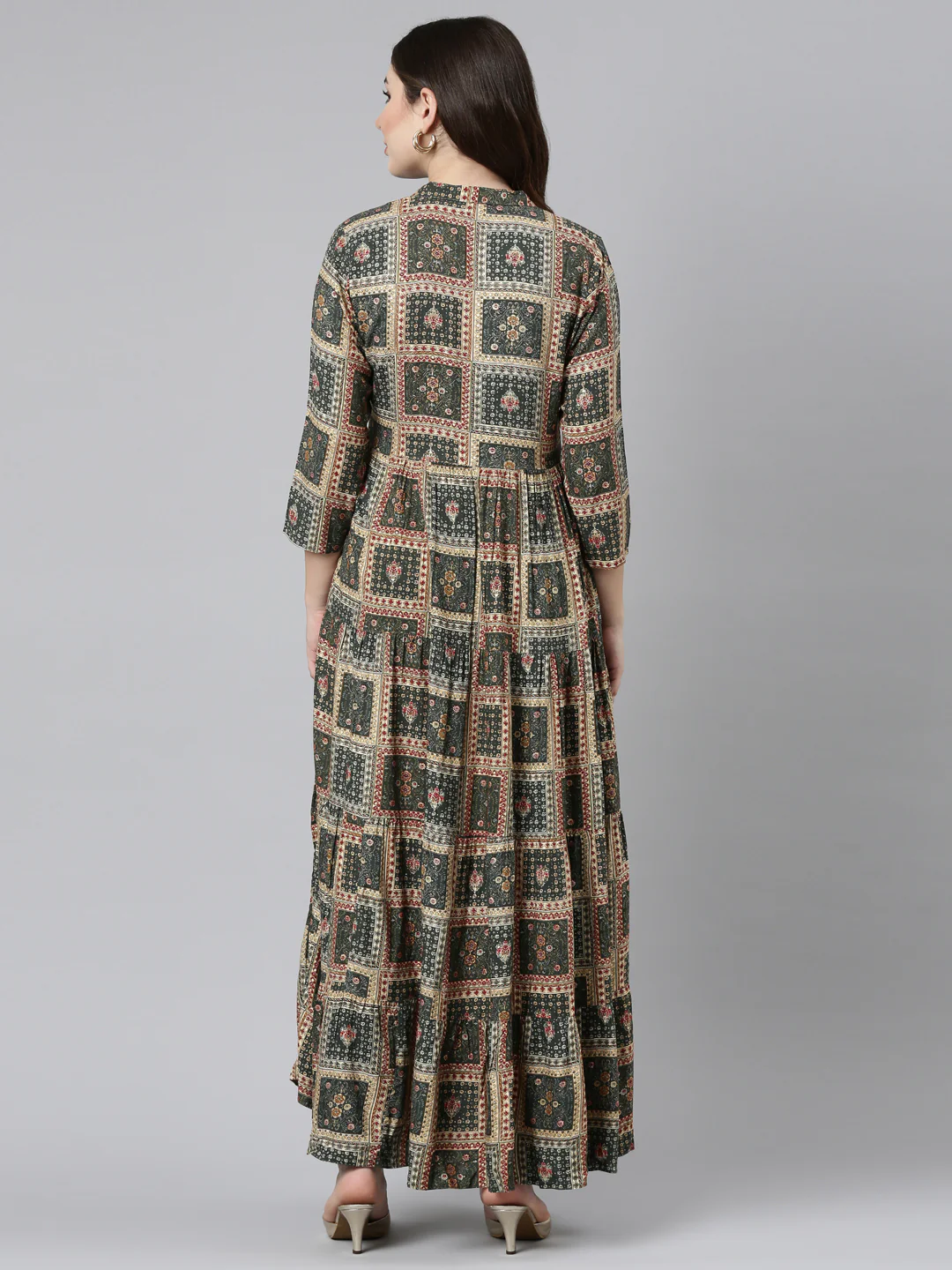Neerus Olive Straight Casual Printed Gown - Image 3