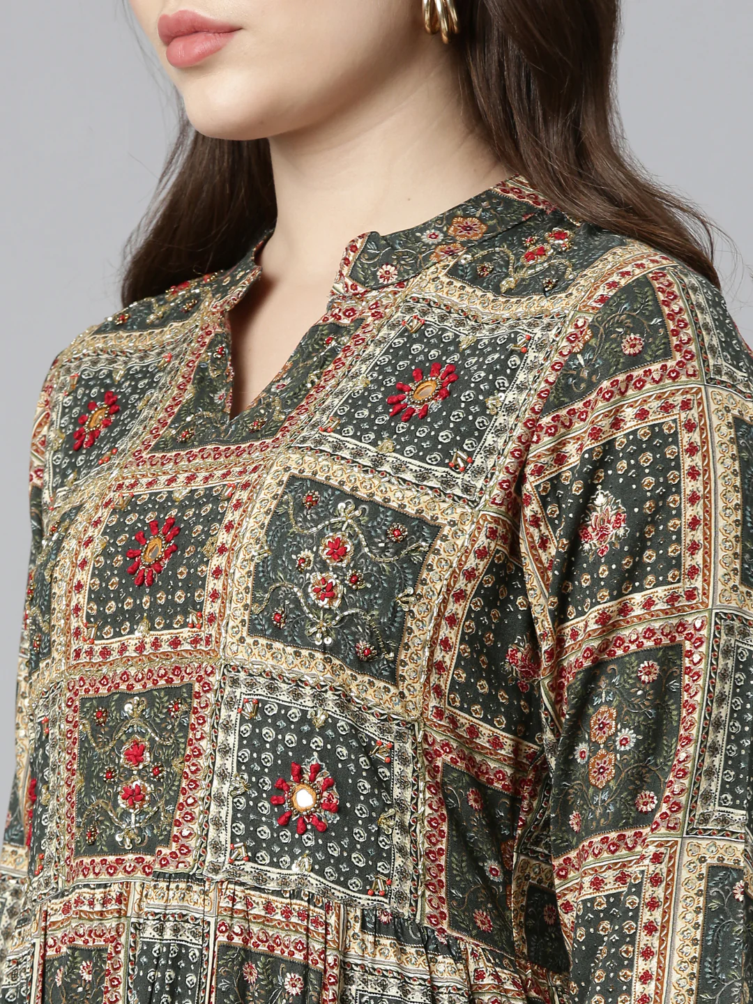 Neerus Olive Straight Casual Printed Gown - Image 4