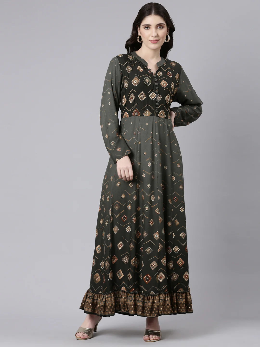 Neerus Olive Straight Casual Printed Maxi Dresses