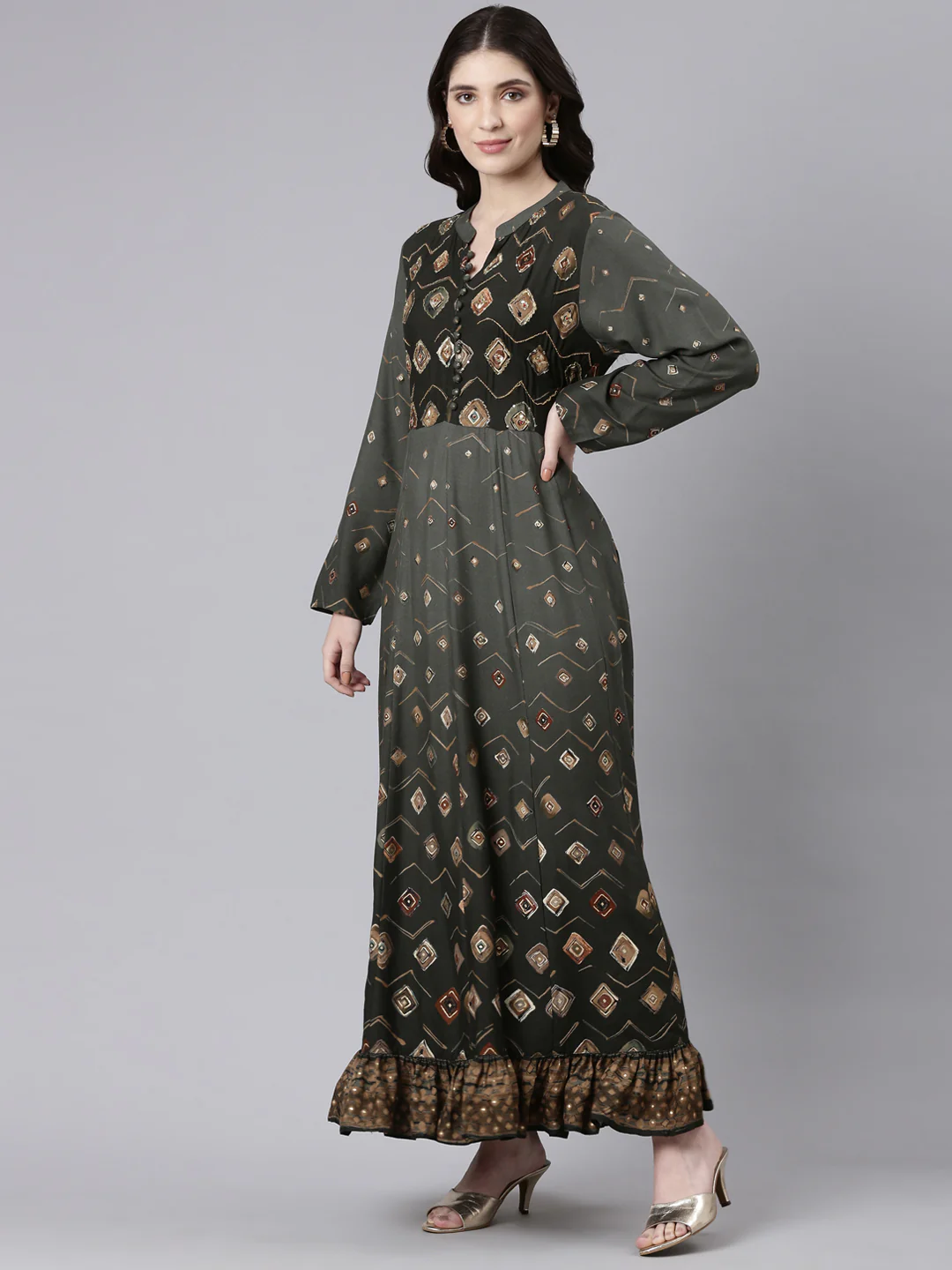 Neerus Olive Straight Casual Printed Maxi Dresses - Image 2