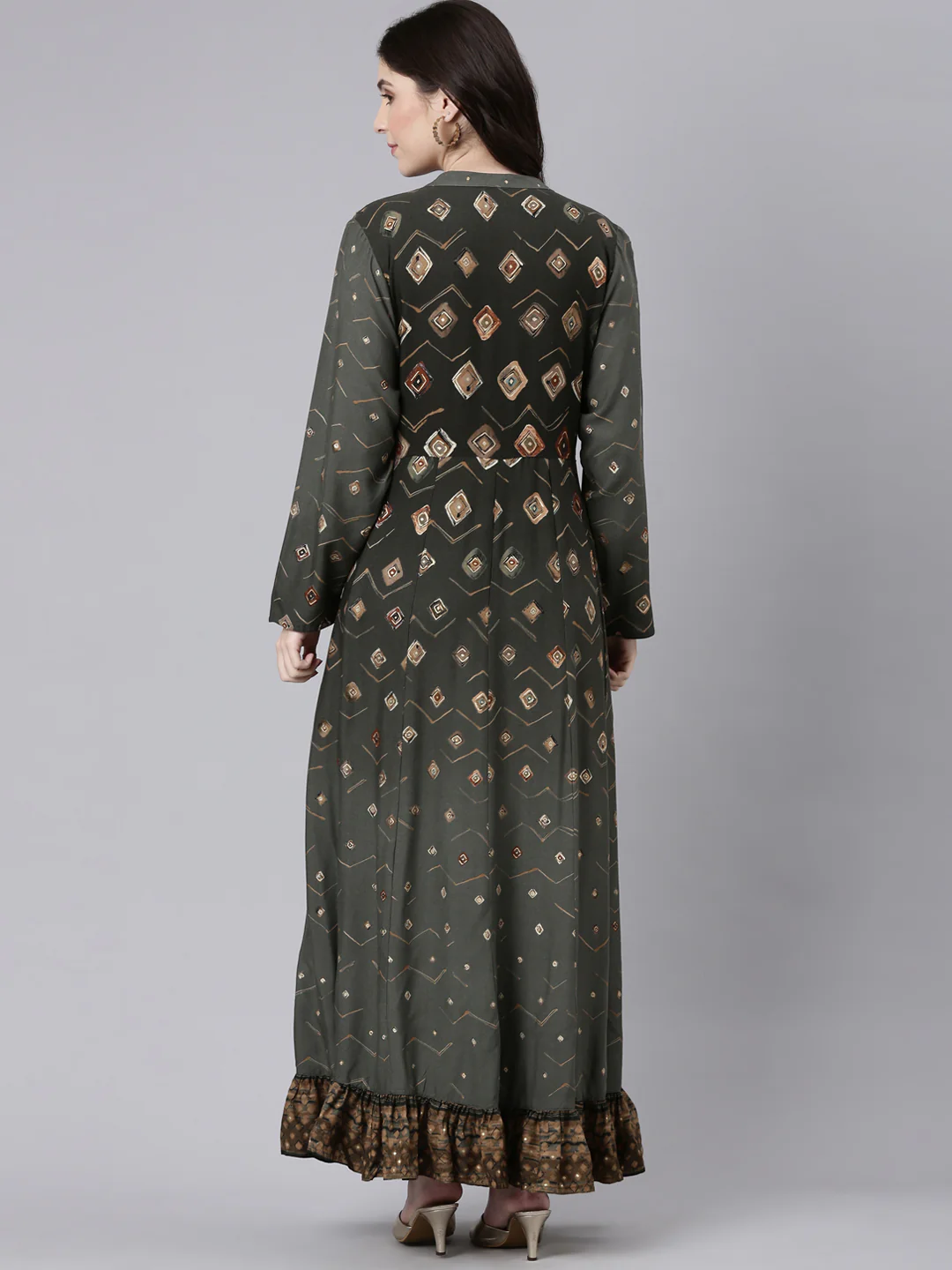 Neerus Olive Straight Casual Printed Maxi Dresses - Image 3