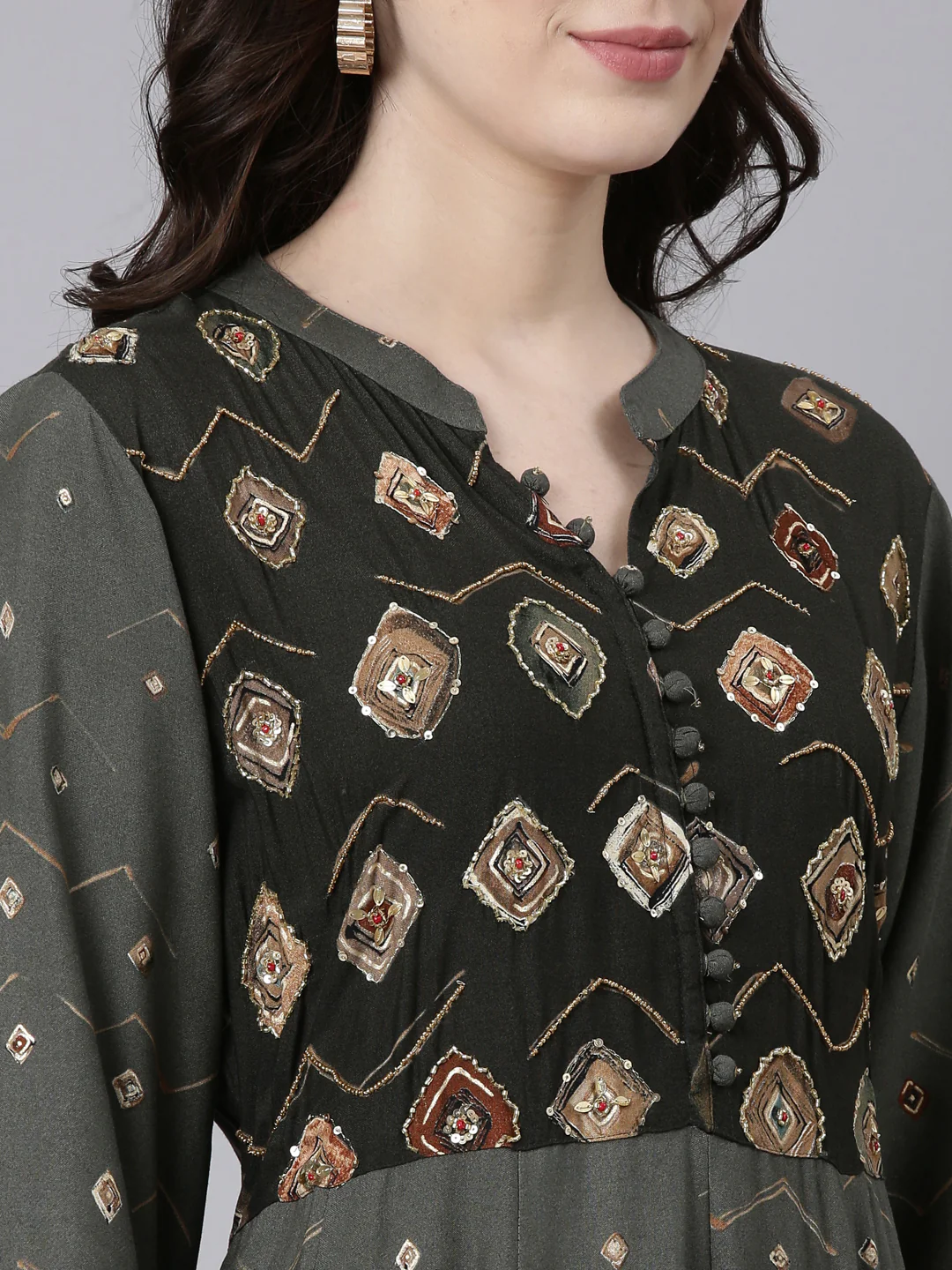 Neerus Olive Straight Casual Printed Maxi Dresses - Image 4