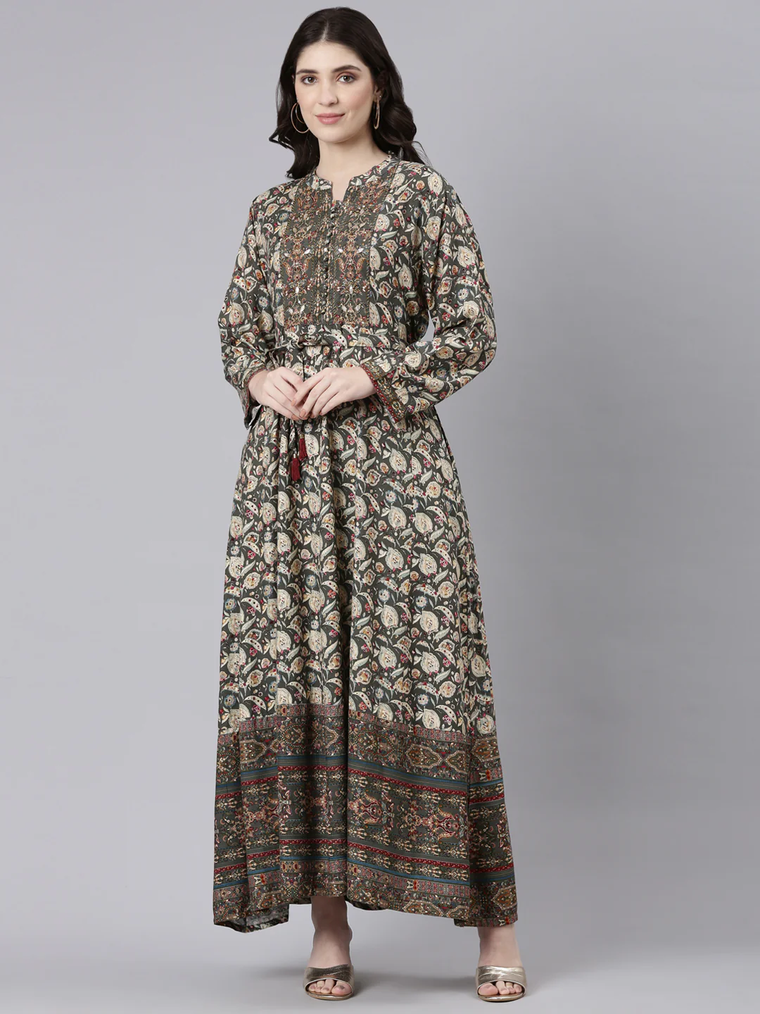 Neerus Olive Straight Casual Printed Maxi Dresses