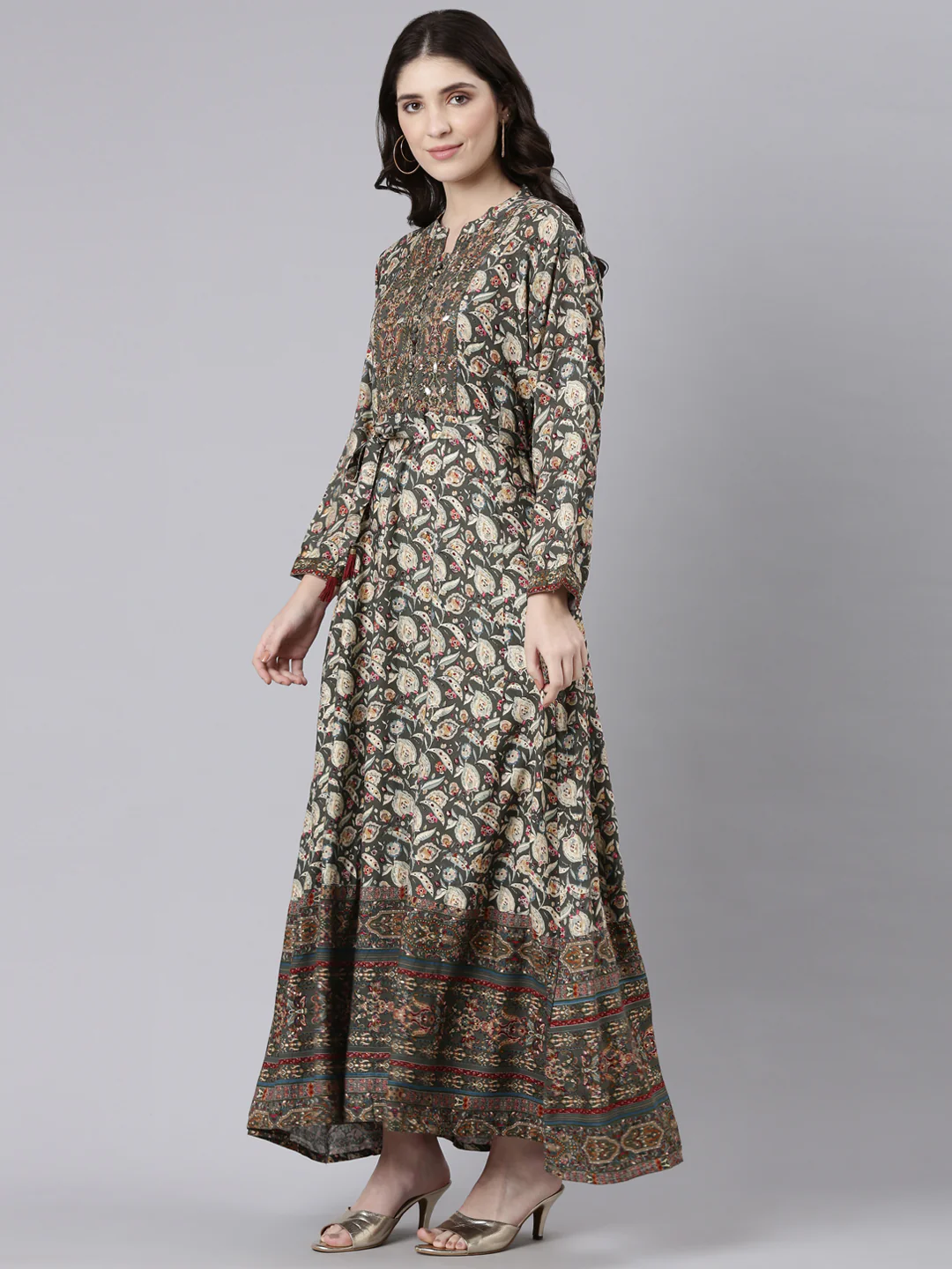 Neerus Olive Straight Casual Printed Maxi Dresses - Image 2