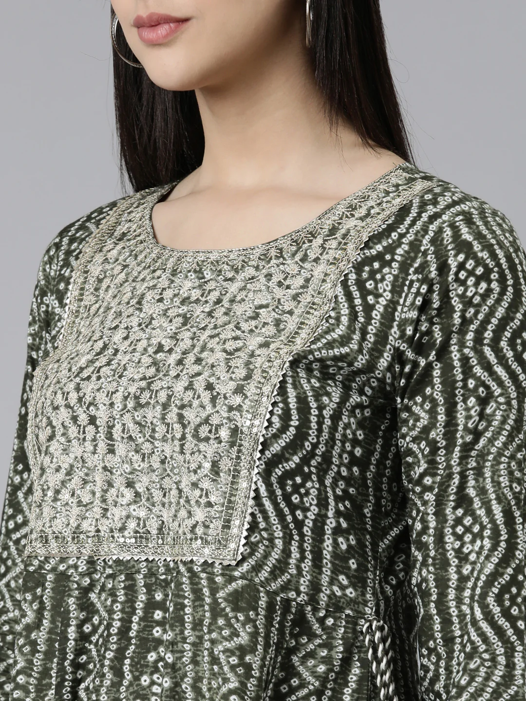 Neerus Olive Straight Embroidered Cotton Kurta - Image 4