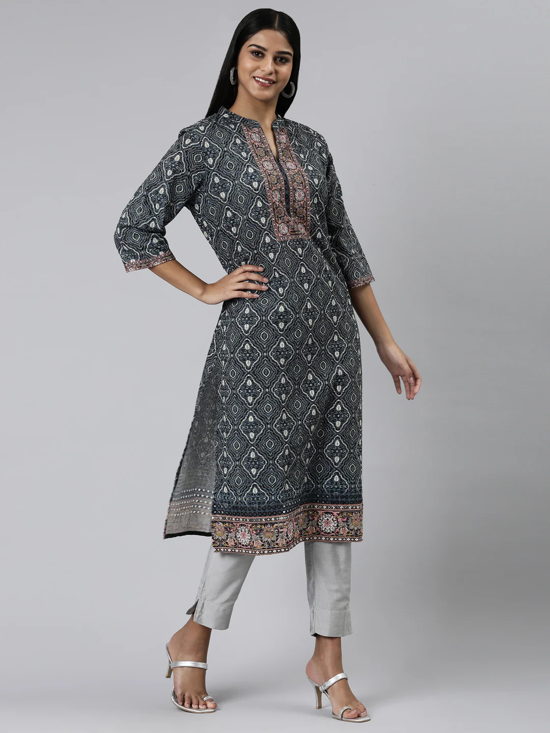 Neerus Olive Straight Printed Chiffon Kurta - Image 2