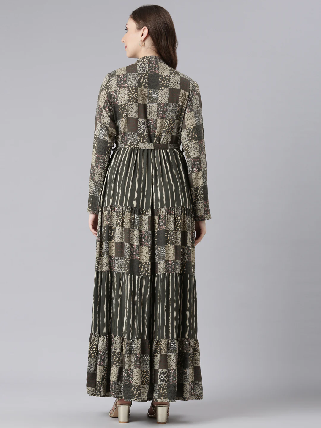 Neerus Olive Viscose Rayon Curved Casual Geometric Maxi Dresses. - Image 4