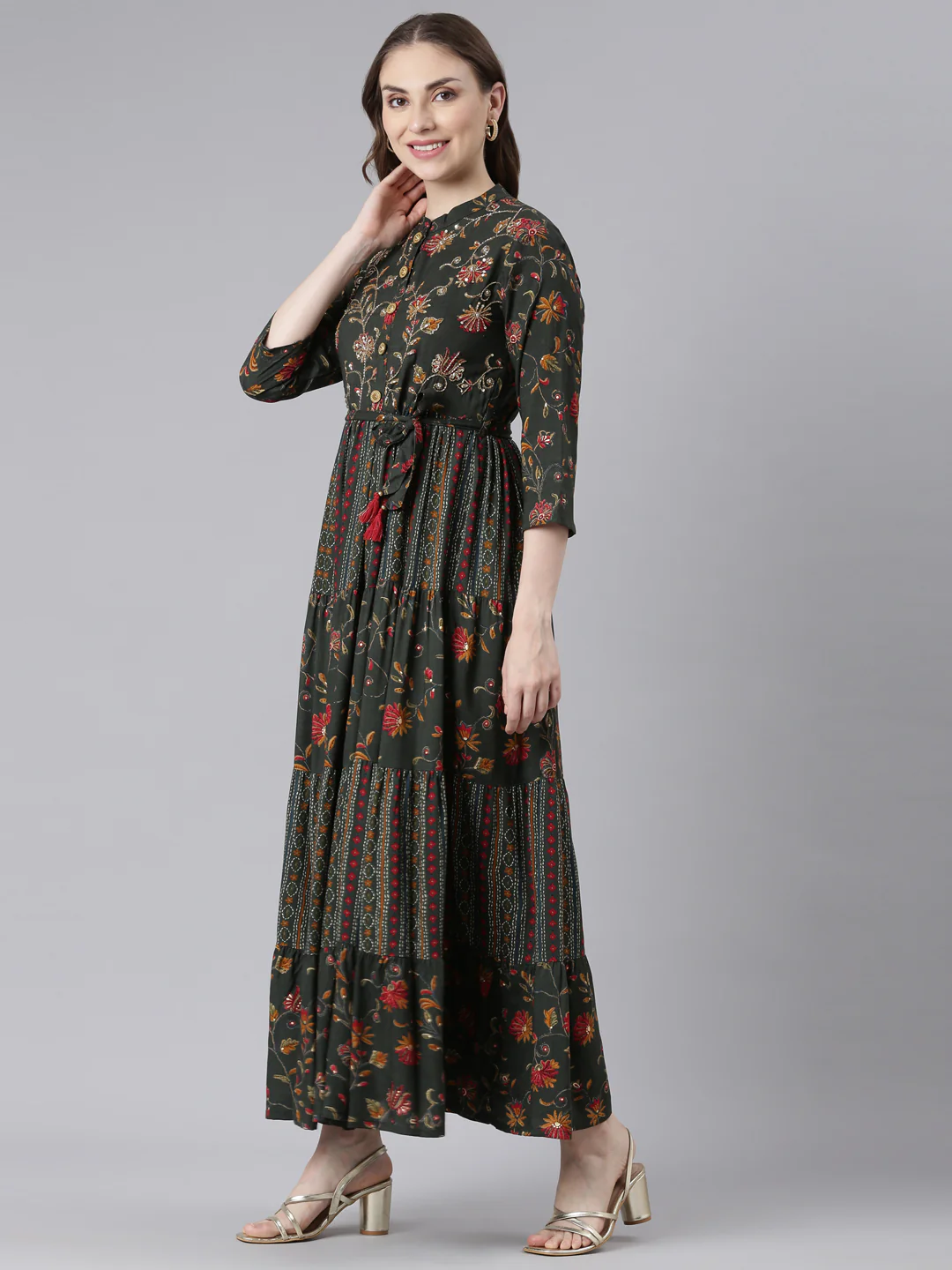 Neerus Olive Viscose Rayon Straight Casual Floral Maxi Dresses - Image 2