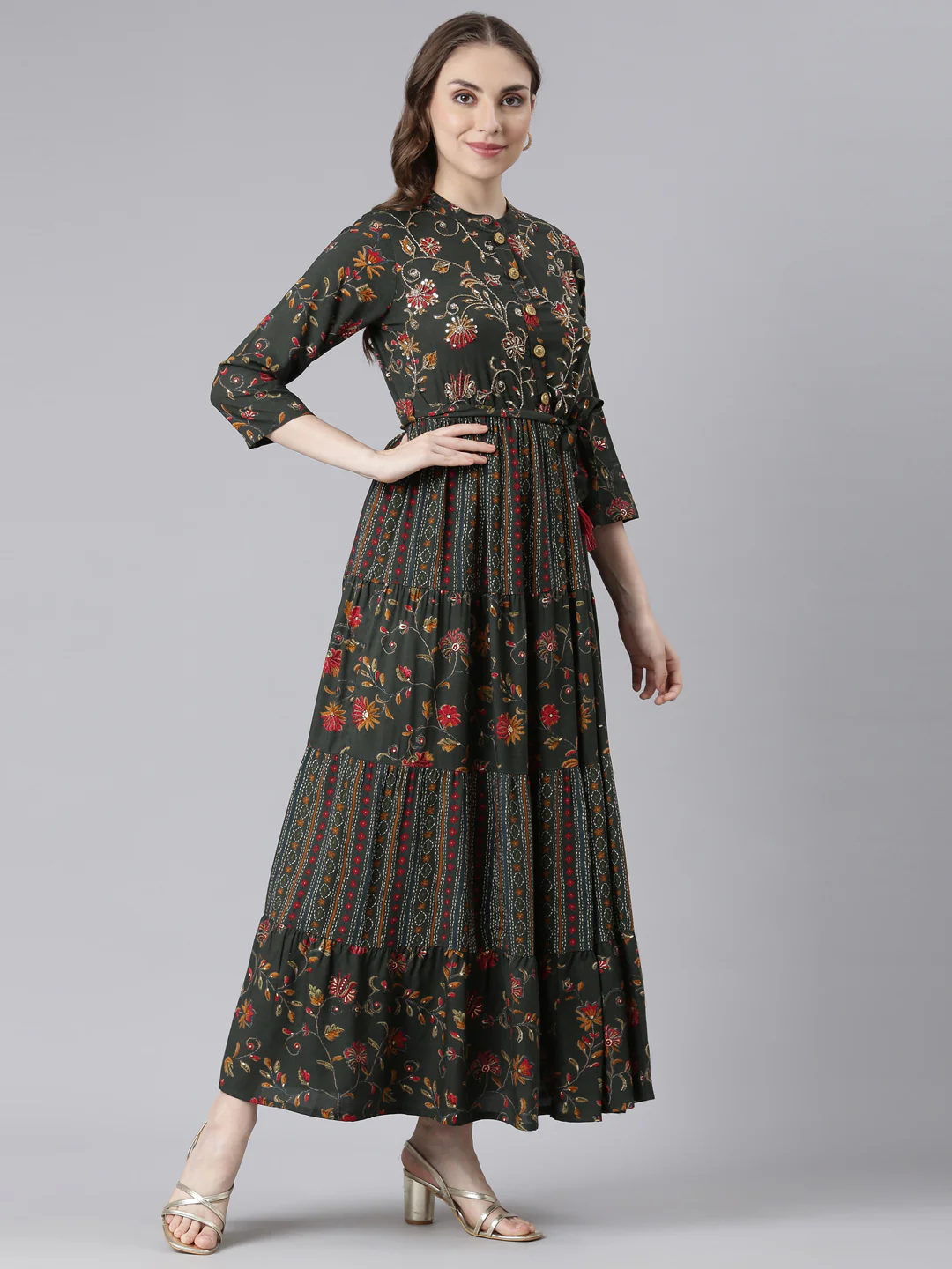Neerus Olive Viscose Rayon Straight Casual Floral Maxi Dresses - Image 3