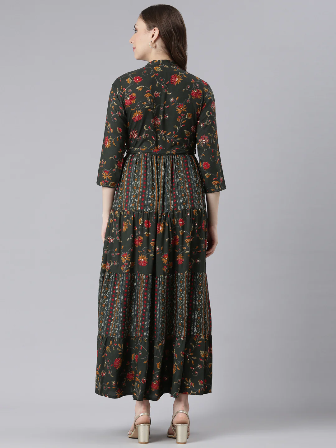 Neerus Olive Viscose Rayon Straight Casual Floral Maxi Dresses - Image 4